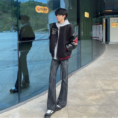 ZLAYCO闪粉RO风格涂层修身堆积感显瘦牛仔微喇男女牛仔裤