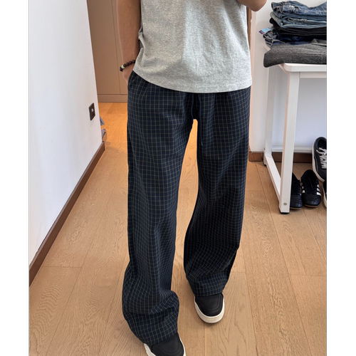 ZLAYCO美式蓝色细格子条纹直筒中腰系带百搭宽松卫裤长裤休闲裤