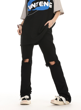 ZLAYCO高街欧美vibe膝盖破洞直筒微喇高弹牛仔裤男女黑色拉链长裤