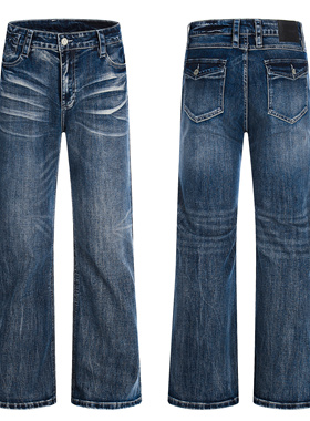 ZLAYCO美式复古深蓝色猫须纹重工水洗直筒微喇男女牛仔裤休闲长裤