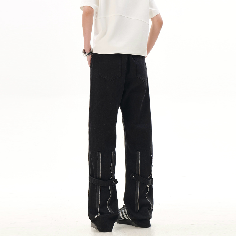 ZLAYCO 美式高街痞帅黑色牛仔裤男女拉链设计感直显瘦简约长裤子