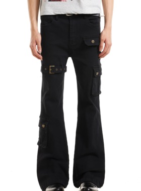 ZLAYCO夏季黑色vibe绑带男女微喇牛仔裤cleanfit美式高街长裤