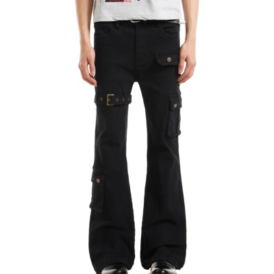 ZLAYCO黑色vibe绑带微喇牛仔裤