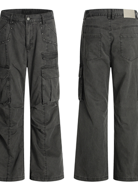 ZLAYCO水洗做旧碳灰铆钉口袋vintage工装裤美式复古伐木长裤