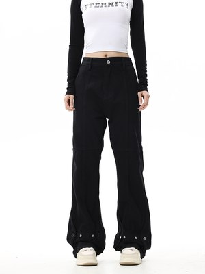 ZLAYCO美式高街vibe风黑色排扣牛仔裤男ins潮牌宽松直筒微喇裤子