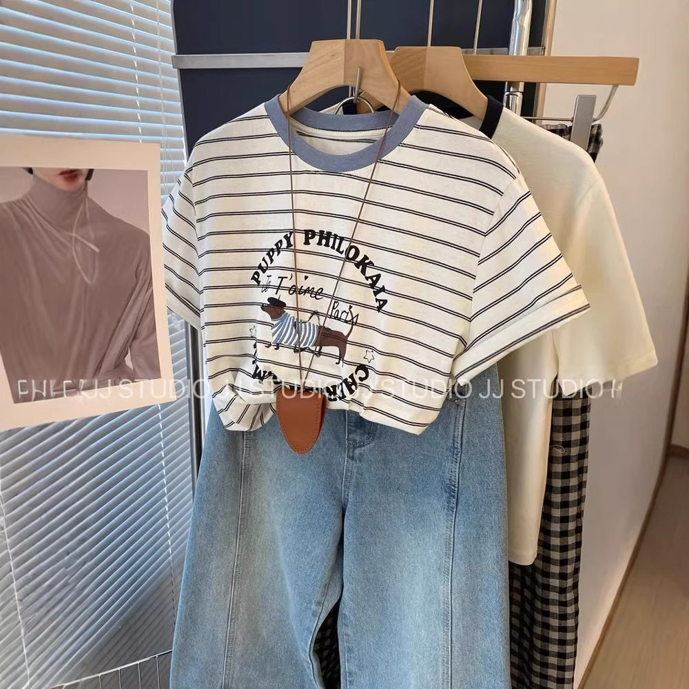 大码240斤韩国东大门卡通小狗条纹T恤女短袖减龄宽松胖mm显瘦上衣