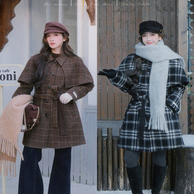 CSW陈十五25秋冬【焦糖可颂】翻领披肩格纹羊毛混纺双面呢