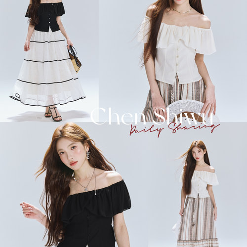 陈十五25夏【尼罗河】两色雪纺领一字肩荷叶边亚麻收腰小衫
