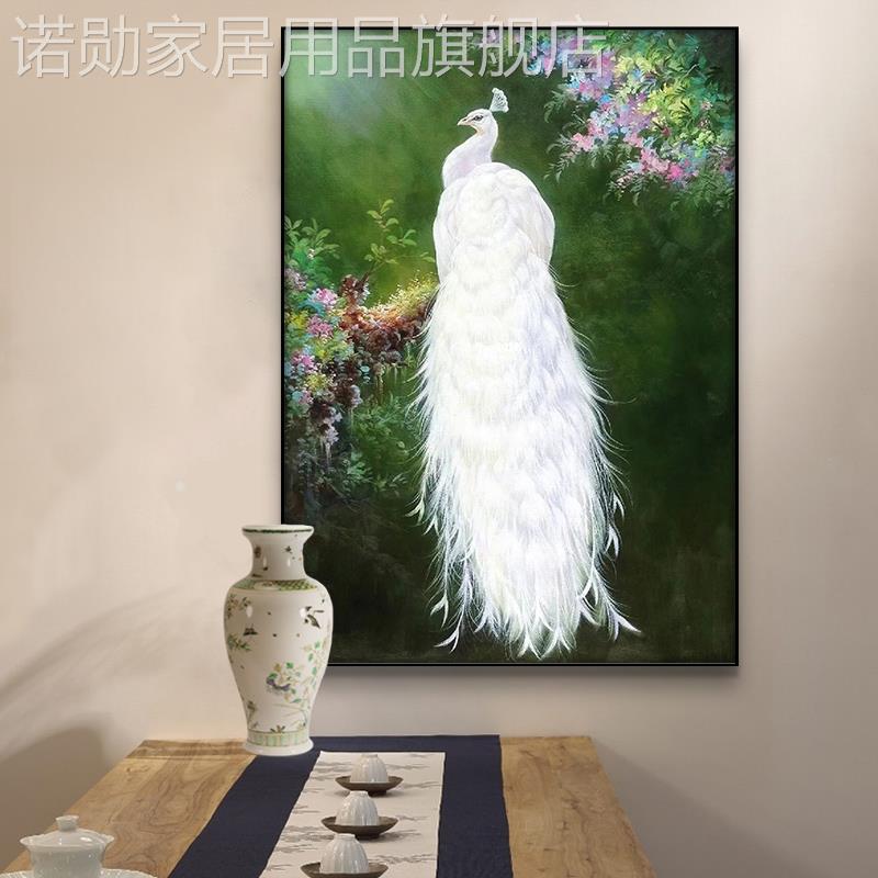 新款新中式白孔雀装饰画玄关画手绘油画吉祥动物客厅入户门正对墙图片