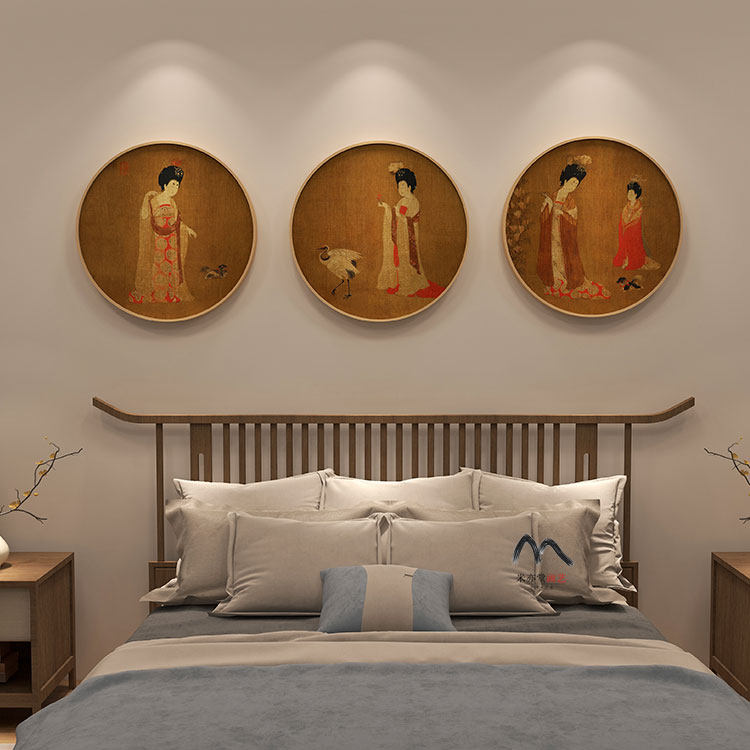 新款米亦堂x簪花仕女图 新中式圆形装饰画唐装汉服古风服装店玄关