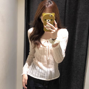 韩系甜美气质温柔粉色镂空针织衫女2025初秋新款长袖显瘦薄款上衣