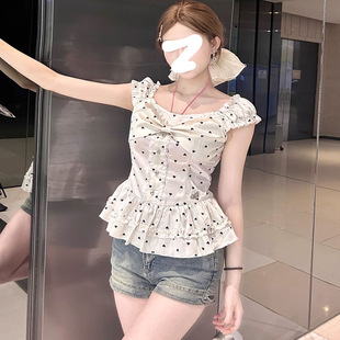 修身 温柔气质爱心波点短袖 法式 衬衫 荷叶边缎面甜美蕾丝边上衣 夏季