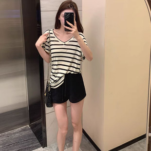 黑白V领条纹短袖 t恤女夏季 宽松基础百搭小众针织天丝上衣防晒罩衫