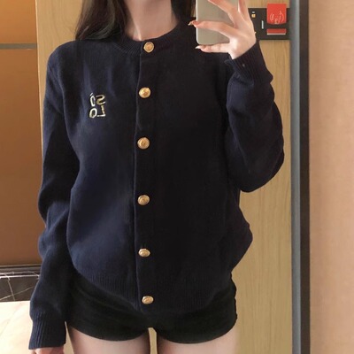 SOLOTARIO金扣藏青色毛衣开衫女