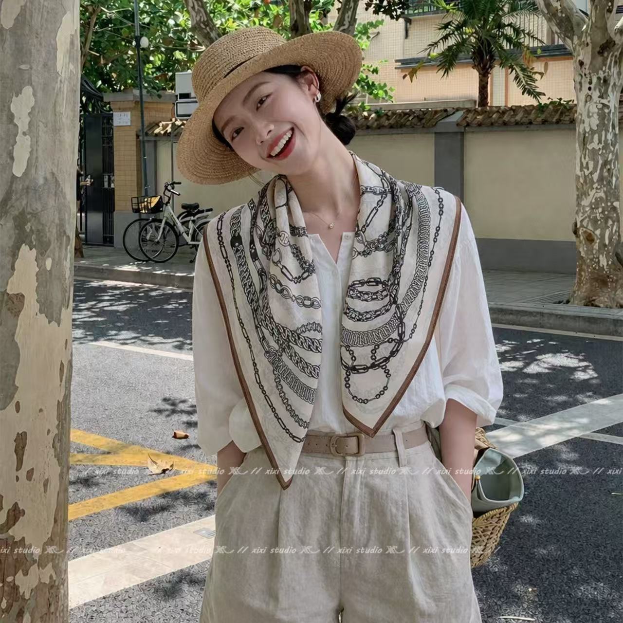 复古文艺麻印花丝巾多种百搭围巾
