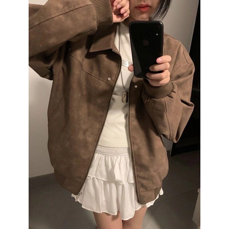 美式复古棕色翻领外套女春秋款仿麂皮绒高级情侣百搭休闲夹克外套