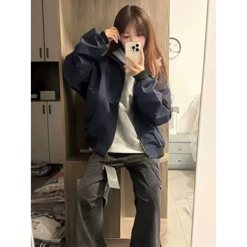 美式复古藏青拉链棒球夹克女
