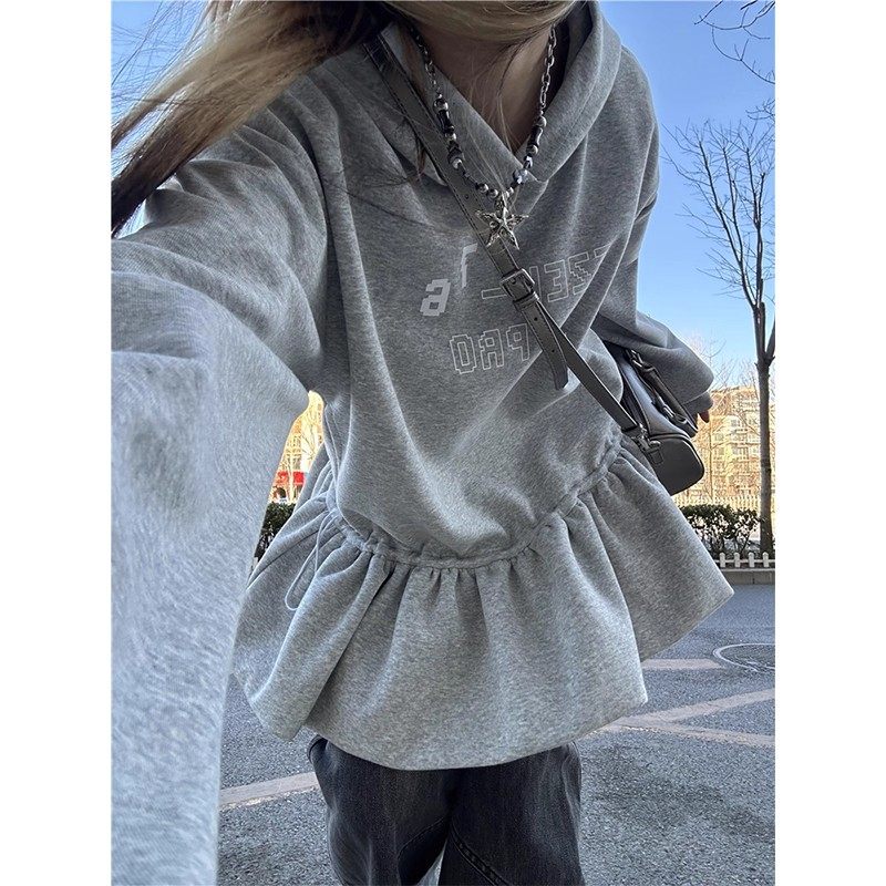 美式复古连帽卫衣外套女春秋季新款灰色重磅纯棉宽松套头休闲上衣