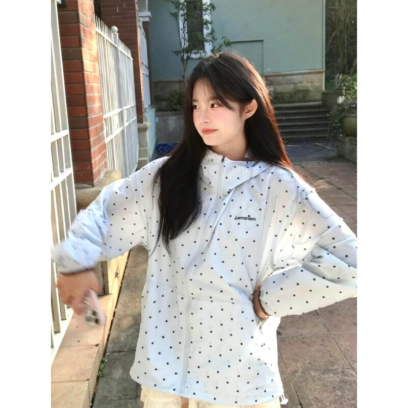 防晒衣女2026夏季韩系休闲波点连帽薄款外套宽松透气学生开衫外套
