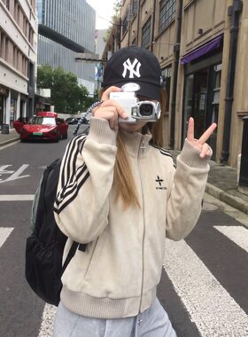 美式复古立领外套女秋季百搭运动PU皮衣三条杠棒球服夹克短款外套