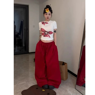 白色花朵印花正肩短袖 设计感小众潮牌纯棉辣妹上衣 t恤女夏季 新款