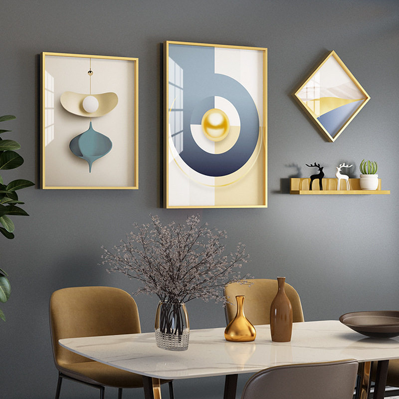 现代餐厅3框晶瓷金箔几何铝合金装饰画置物架组合金属水晶膜画框