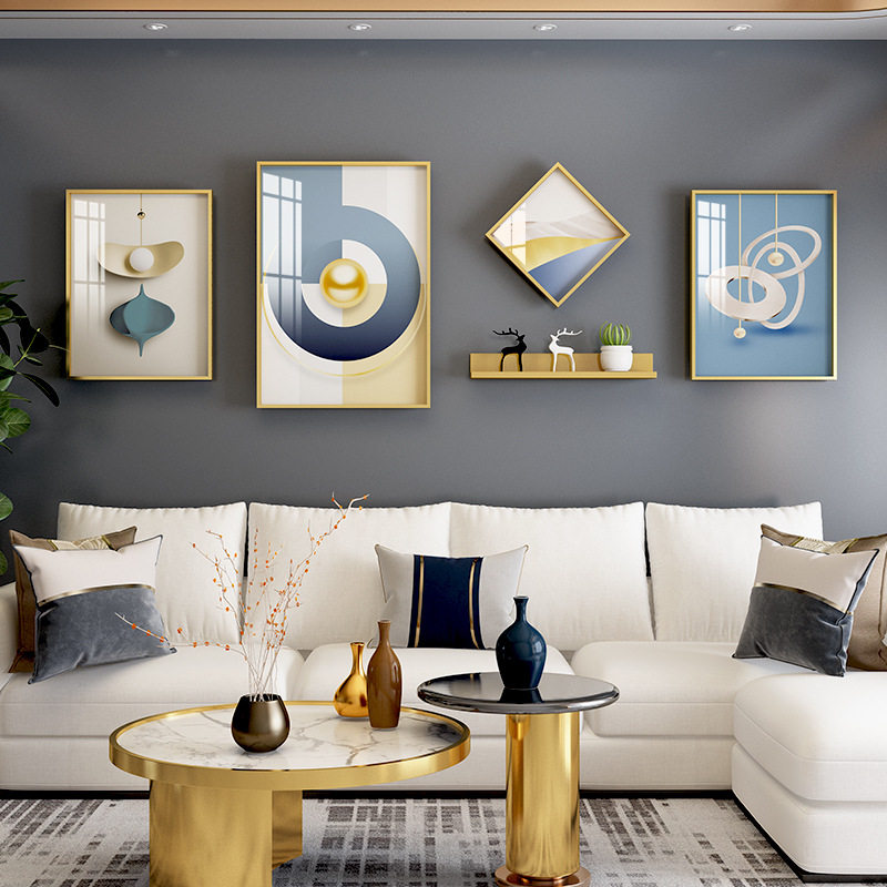 新中式客厅4框晶瓷抽象几何铝合金装饰画置物架组合金属画框