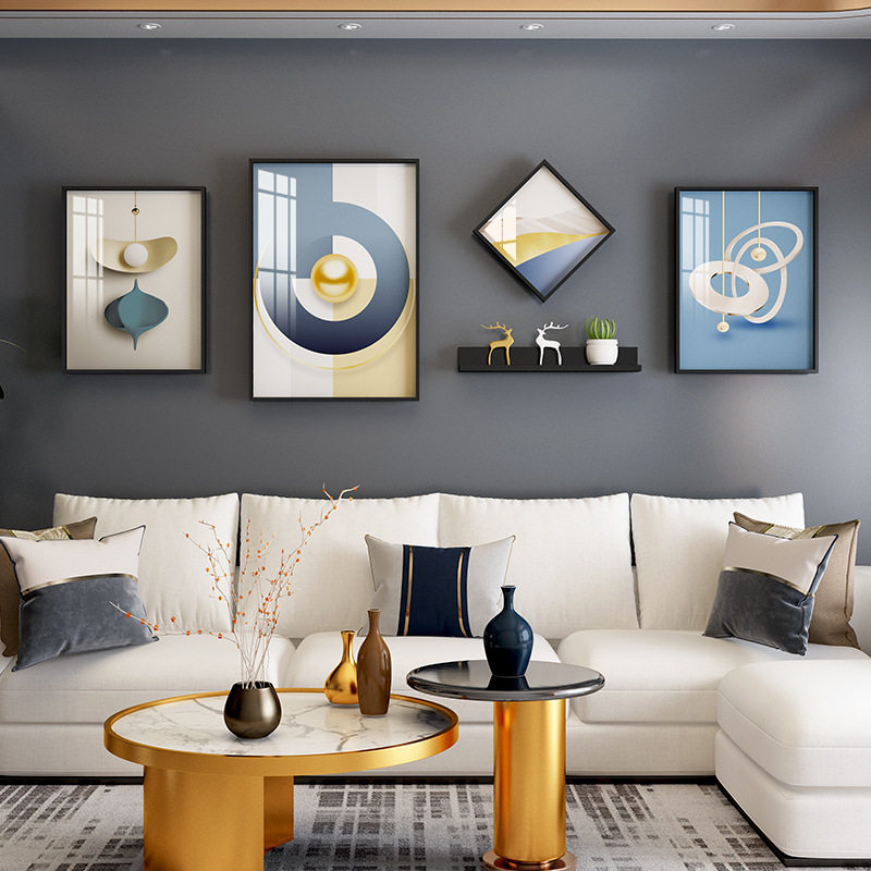 新中式客厅4框晶瓷抽象几何PS装饰画置物架组合金属画框