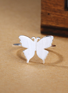 简约创意可爱戒指女韩版个性森系素银拉丝蝴蝶指环手饰品