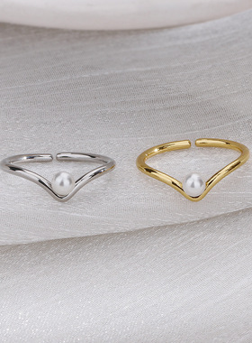 新款韩版V字珍珠戒指简约气质冷淡风小清新指环时尚饰品一件代发