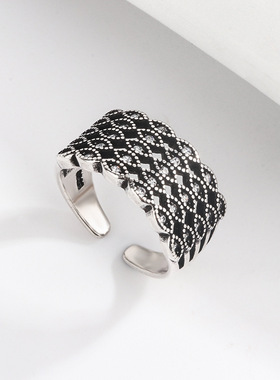 新品气质个性镶钻复古戒指30粒石网指环菱形网眼冷淡风做旧食指环