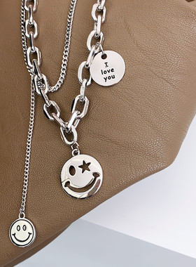 双层字母微笑吊坠项链时尚个性复古镂空笑脸锁骨链女潮流欧美饰品