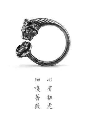 新款国风潮流虎嗅蔷薇泰银做旧戒指霸气猛虎玫瑰花个性开口指环