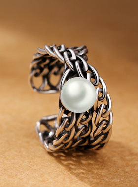 编织网戒指创意款珍珠个性介子开口指环银饰一件代发、指