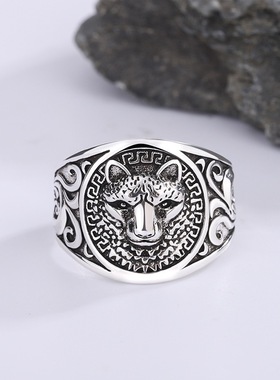 新款复古泰银夸张纹路猎豹戒指男士个性几何型嘻哈新款潮食指戒戒