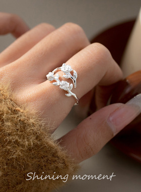 新款韩系少女泰银玫瑰花枝叶戒指做旧个性甜美树叶百搭女食指戒