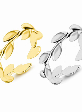 新款日韩森系文艺橄榄枝戒指女开口简约创意素银树叶戒指个性饰品