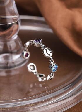 新款日系锁链彩钻笑脸戒指女简约复古做旧泰银时尚百搭小众饰品戒