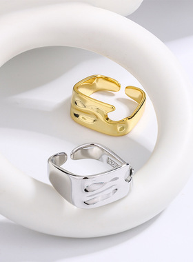 新品欧美跨境宽面不规则戒指缺口小众设计个性方形开口指环