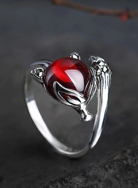新款石榴石狐狸戒指复古泰银民族风开口戒指女士做旧指环韩版饰品