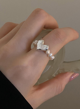 新款法式天然巴洛克珍珠爱心戒指食指弹力小众设计时尚个性指环