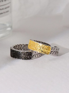 新款时尚个性复古泰银撞色唐草纹戒指新中式轻奢开口男女手饰品