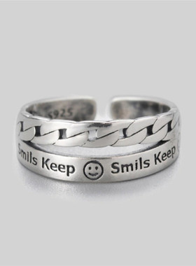 0713简约创意笑脸字母戒指女复古做旧双层锁链开口戒指个性指环女