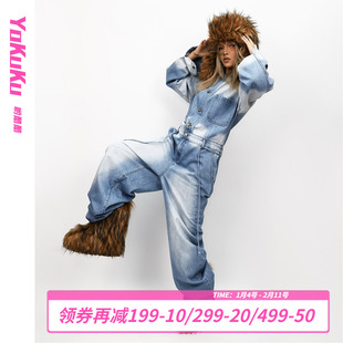 哟酷酷（部落公主）秋冬新款洗水渐变牛仔连体衣女收腰显瘦连体裤