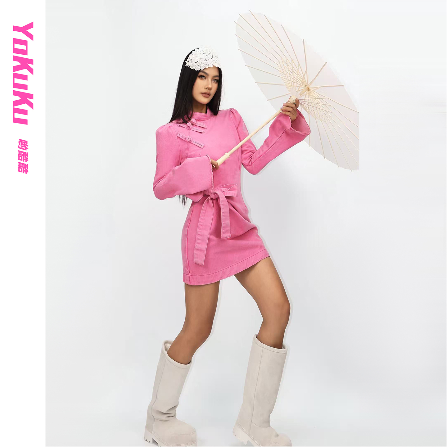 哟酷酷（桃花源记）国潮新中式盘扣设计上衣女修身显瘦牛仔连衣裙