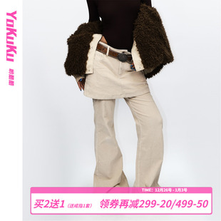 复古回响 微喇叭长裤 秋冬季 女修身 女 灯芯绒假两件休闲裤 哟酷酷