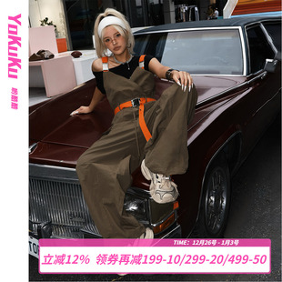 美式 夏季 复古工装 连体休闲裤 女 哟酷酷 潮酷宽松背带裤 橘子街头