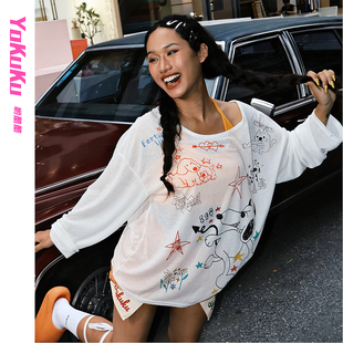 哟酷酷（线条小狗）夏季趣味彩绘长袖上衣女宽松显瘦防晒罩衫T恤