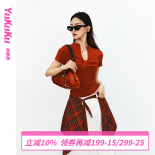 情绪胶囊 复古时尚 哟酷酷 美式 显瘦上衣女 百搭短袖 T恤女V领修身