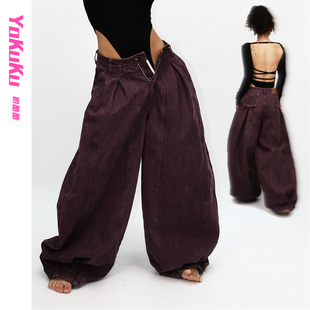 秋冬高街结构做旧洗水灯笼廓形弯刀阔腿牛仔裤 哟酷酷 布朗玫瑰